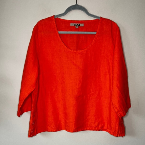 Flax linen coral red top blouse L - Picture 2 of 5